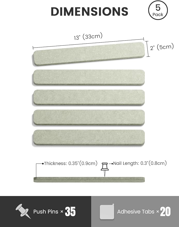 Fluxynara 13" x 2" Felt Wall Panels, Sage | 5-Pack Cork Board Alternative with 35 Push Pins, Adhesive Mounting for Bedroom Door or Home Office - Image 2