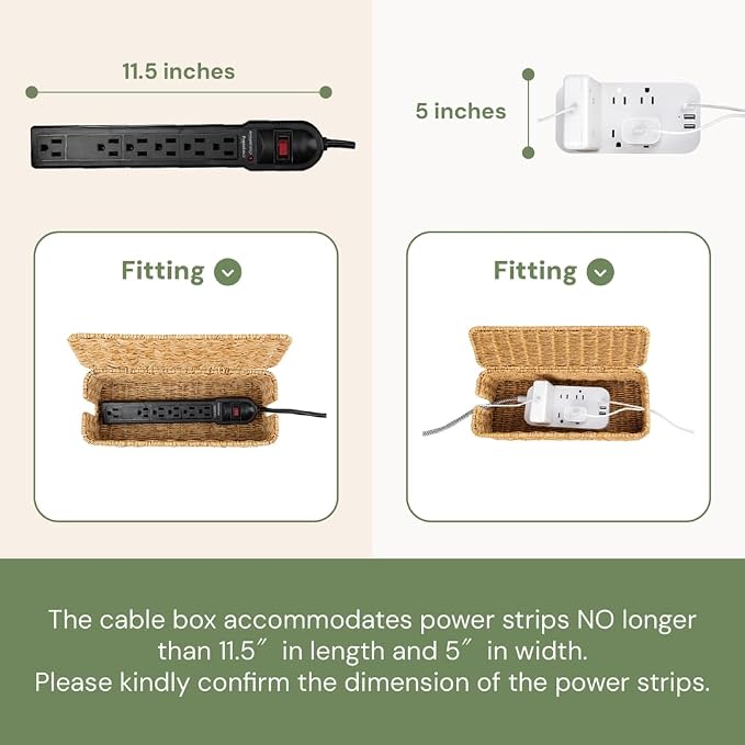 Cable Management Box, Handmade Rattan Cable Organizer with 2 Open Slots, Cord Hider for Power Strip, Router & USB Hub, Registered U.S. Design Patent (D1,112,102), 13" x 5.1" x 5.1", Natural - Image 4