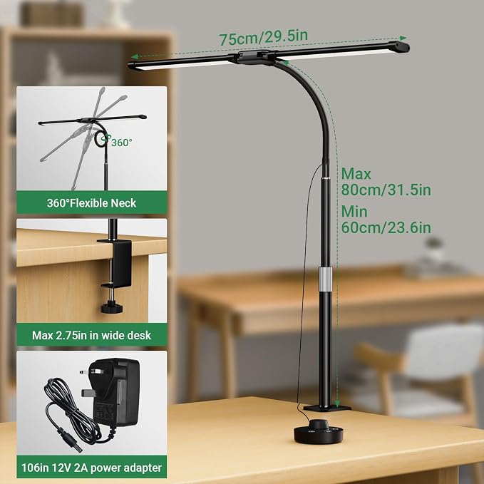 LED Desk Lamp with Clamp, 23.5-31.5 Inches, Black | 24W, 75 Lighting Modes, Flexible Neck Design, Telescopic Height, For Home Office Study Work Craft Paint - Image 7