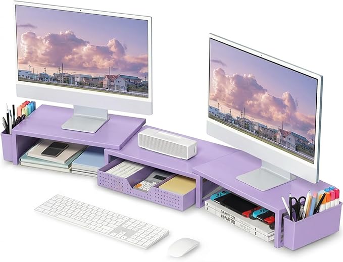 OPNICE Desk Organizers and Accessories, Dual Computer Monitor Stand Riser with Drawer and 2 Pen Holders, Office Desk Accessories, Workspace Desktop Organization for Office Supplies (Purple Metal ) by OPNICE