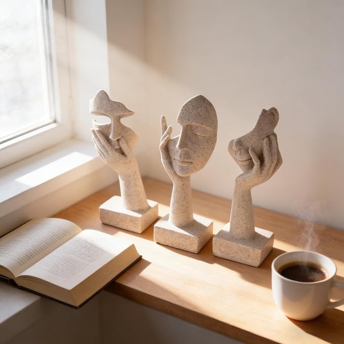 3 Pcs Thinker Statue - Resin Art Abstract Home Accent Figurines for Decor Apartment Bookshelf Floating Shelf Living Room Coffee Table Office Desk Counter Decor (3 Pcs Sandstone, 6") - Image 8