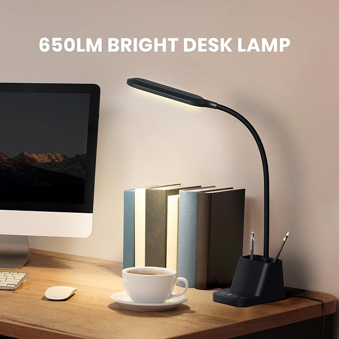 AXX LED Desk Lamp with USB Charging Port for College Dorm Room | for Home Office Bedrooms, Back to School, Black, Small, 650LM, Pen Holder, Timer Settings, Gooseneck, Study Light - Image 2