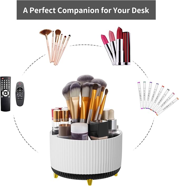 Marbrasse Desk Organizer, 360-Degree Rotating Pen Holder, Desk Organizers and Accessories with 5 Compartments Pencil Holder, Art Supply Storage Box Caddy for Office, Home (White+Black) - Image 6