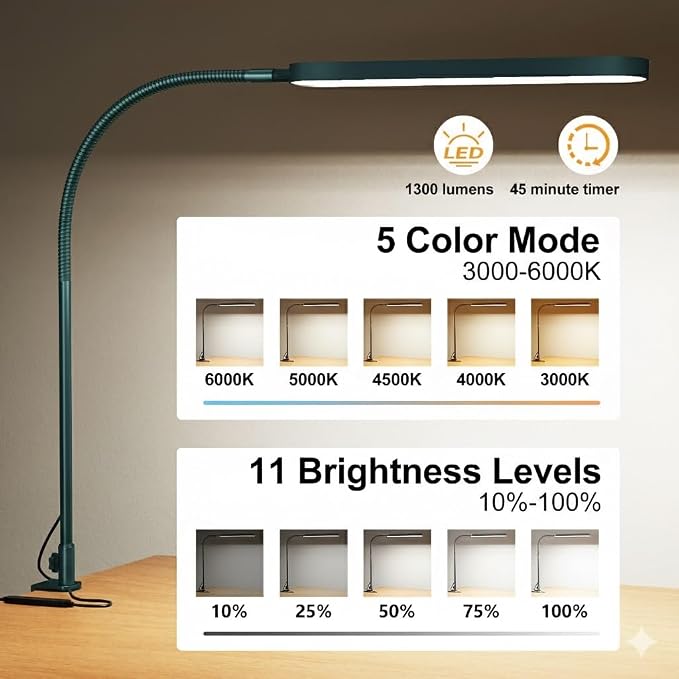 SKYLEO LED Desk Lamp - Desk Light for Home Office - Flexible Gooseneck - 5 Color Modes X 11 Brightness Levels - 1300LM - Timmer & Memory Function - 12W Clip on Light - Green - Image 2