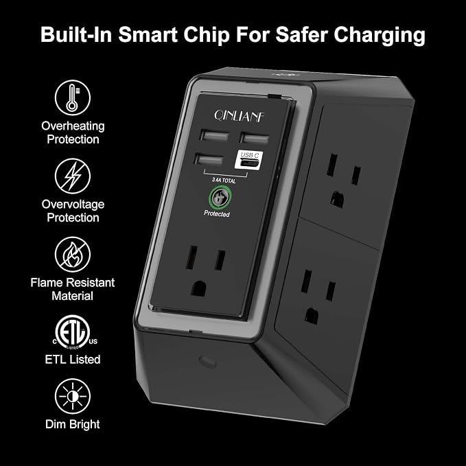 3-Sided Surge Protector Power Strip - QINLIANF Multi Plug Outlet with 5 Outlet Extender and 4 USB Ports(1 USB-C) and Night Light, USB Wall Charger for Home, Office, Travel, ETL Listed, Black - Image 2