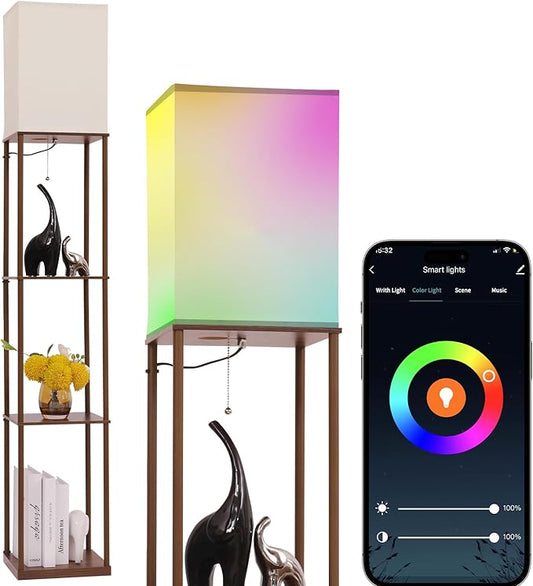 Gupuzm Floor Lamp with Shelves, with Modern Square Standing Lamp with Smart APP Control RGB Bulb, Corner Display Bookshelf Lamp for Living Room, Bedroom and Office(brown-9RGB) by GUPUZMproducesandsellslamp