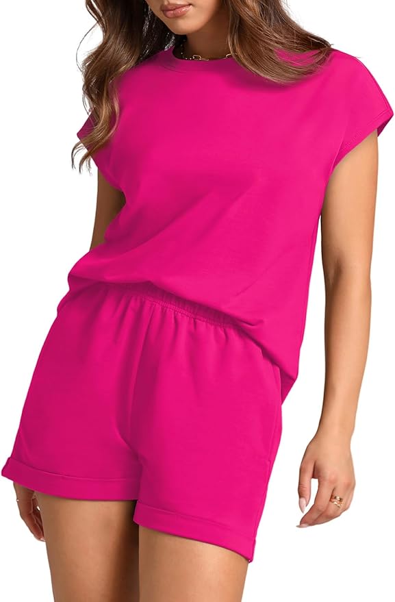 WIHOLL 2 Piece Sets for Women Casual Summer Travel Vacation Outfits Cap Sleeve Shorts Lounge Set - Image 3