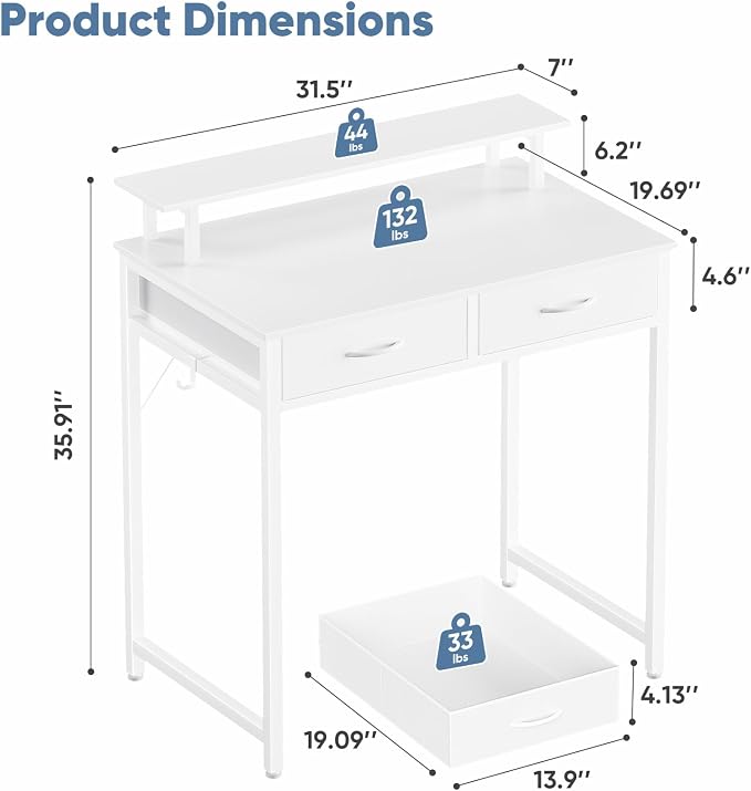 DUMOS 31-Inch Computer Desk with Drawers and Monitor Stand, White | Small Writing Desk for Home Office with Headphone Hook, Compact Study Table for Bedroom - Image 3