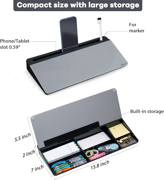 Varhomax Glass Desk Whiteboard with Storage, Desktop Organizer to-do List Memo Notepad Dry Erase White Board for Home Office and School Supplies (Black&Gray) - Image 6