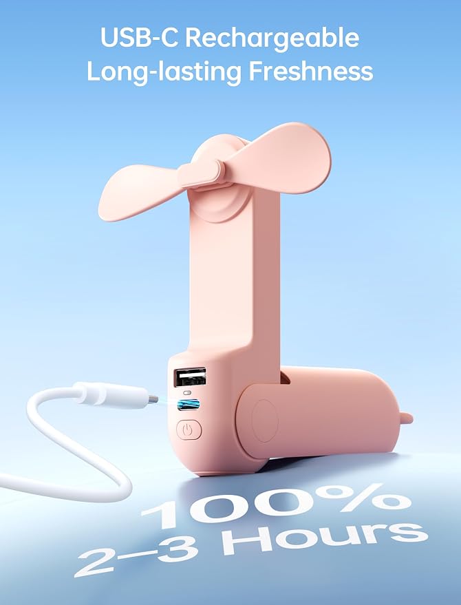 JISULIFE 3 IN 1 Handheld Mini Fan - Portable Fan & Power Bank & Flashlight, 19H Max Cooling, USB Rechargeable, Pocket-Sized for Travel, Cruise, Concerts, Makeup, 2026 Summer Gifts for Women(Pink) - Image 9
