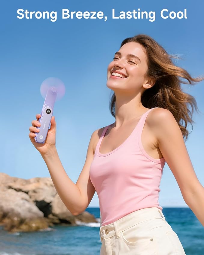 SWEETFULL Portable Handheld Mini Fan with LED Display, 3-in-1 Personal Foldable USB Rechargeable Hand Held Fan & Flashlight for Travel, Lash Eyelash, Cute Small Pocket for Women, Girls - Image 2