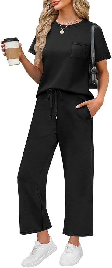 WIHOLL 2 Piece Sets for Women Casual Summer Travel Vacation Outfits Short Sleeve Wide Leg Crop Pants Lounge Sets by WIHOLL