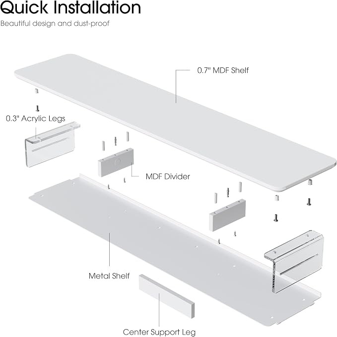 Fenge 42.5" Dual Monitor Stand with Clear Acrylic Legs, White | Clear acrylic, storage compartment, 2-tier home office monitor riser, wide large desktop shelf fit monitor/laptop/printer - Image 8