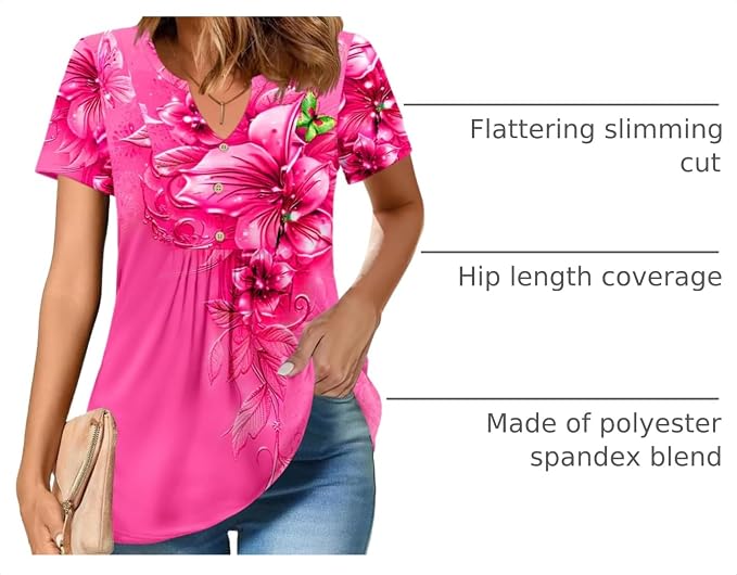 Zeagoo Womens Short Sleeve Tops Summer Henley V-Neck Tshirts Casual Pleated Blouse Dressy Loose Floral Basic Tee - Image 4