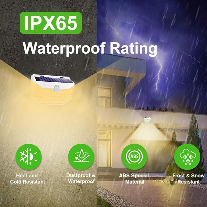 HMCITY 120 LED Solar Lights Outdoor with Motion Sensor and 3 Lighting Modes, IP65 Waterproof Wide Solar Wall Lights Ideal for Garden Patio Yard (Front Button 8Packs, White Shell-Warm White) - Image 5