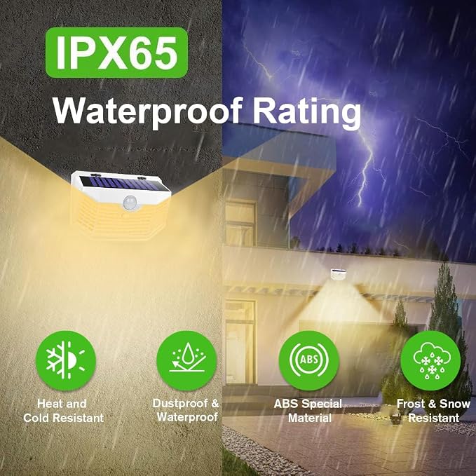 HMCITY 120 LED Solar Lights Outdoor with Motion Sensor and 3 Lighting Modes, IP65 Waterproof Wide Solar Wall Lights Ideal for Garden Patio Yard (Front Button 2Packs, White Shell-Warm White) - Image 5
