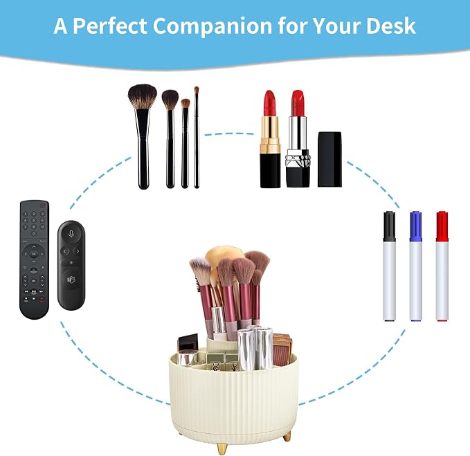 Marbrasse Desk Organizer, 360-Degree Rotating Pen Holder, 5-Compartment Pencil Organizer, Art Supply Storage Box Caddy for Office and Home (Ivory) - Image 6