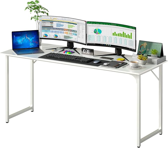 PayLessHere | 63 Inch Computer Desk | White | Office Desk with Metal Frame, Adjustable Feet | Water-Resistant, Scratchproof Surface | Sturdy Writing Table for Home Office or Study | Pack of 1 by PayLessHere