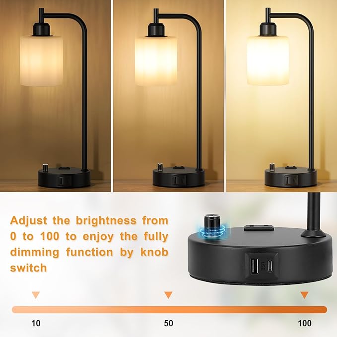 Industrial Bedroom Lamps for Nightstand Set of 2 - Fully Dimmable Bedside Lamps with USB A C Ports and Outlet, Black Table Lamps with Opal Glass Shade for Living Room, Desk Lamps for Office Reading - Image 2