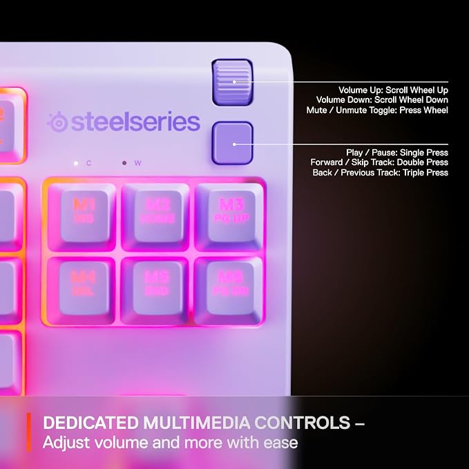 SteelSeries Apex 3 TKL Lavender RGB Gaming Keyboard — Tenkeyless Compact Form Factor — 8-Zone RGB Illumination — Water and Dust Resistant — Whisper-Quiet Gaming Switch - Image 8
