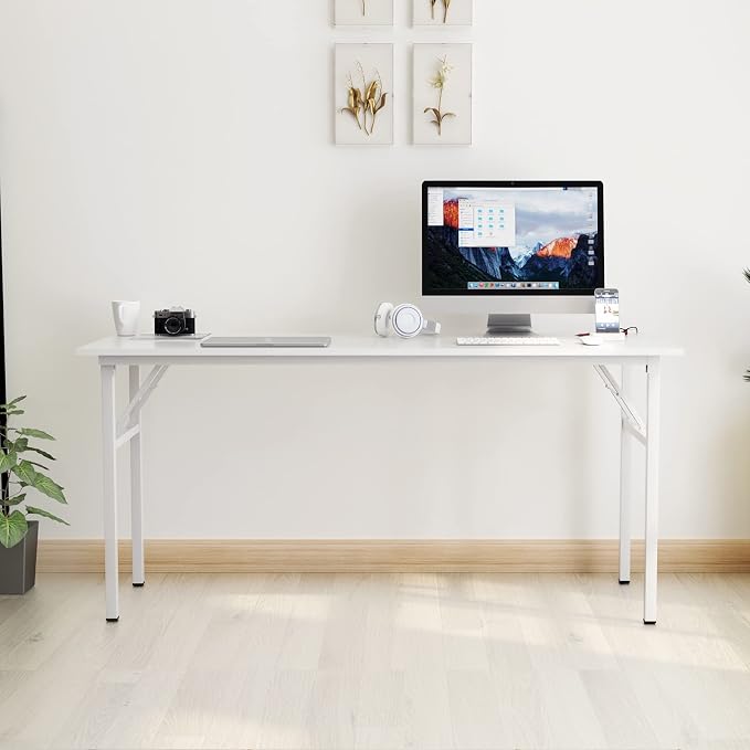 Need Home Office Desk - 62 Inches Large Computer Desk Sturdy Black Table Foldable Desk Gaming Computer Table No Assembly Required AC5DW(157.5 * 60) | White Frame Writing Gaming Work Table/Foldable Home Office Desk/Sewing Table, No Assembly Required - Image 2