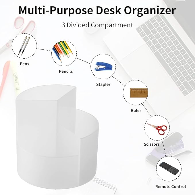 Desk Pencil Pen Holder, 3 Slots 360-Degree Spinning Organizers, Desktop Storage Stationery Supplies, Cute Cup Pot for Office, School, Art Supply, Kids - Clear - Image 3