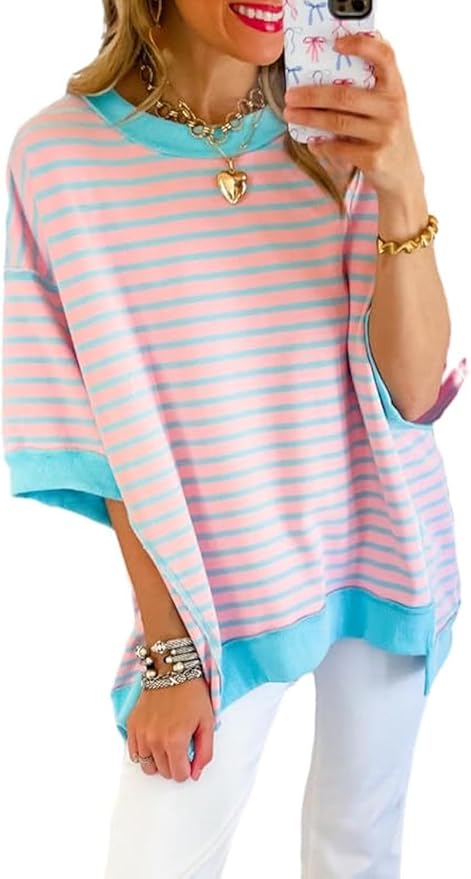 SHEWIN Womens Tops Casual Short Sleeve Sweatshirt Crewneck Striped Shirt Pullover T Shirts Loose Blouses by SHEWINBeYourFashionStylist