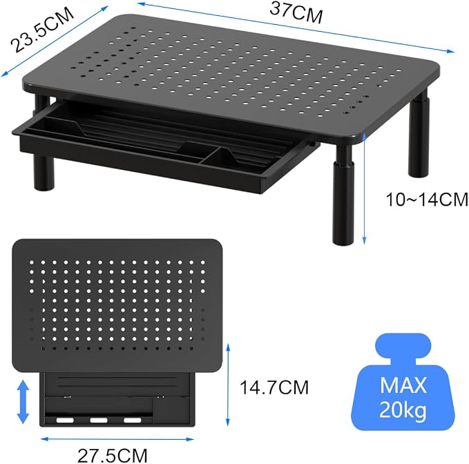 suptek Computer Monitor Stand Riser with Drawer,Monitor Riser for Laptop, Printer, Notebook and All Flat Screen TV Display with Vented Platform,3 Height Adjustable Laptop Riser,1 Pack,Black - Image 3