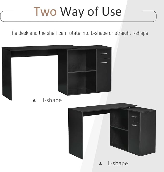 HOMCOM L Shaped Computer Desk 180° Rotating 47.25"x19.75"x 53.75", Black | Corner Desk, Storage Shelves, Drawer, Cabinet, Study Workstation, for Home Office - Image 5