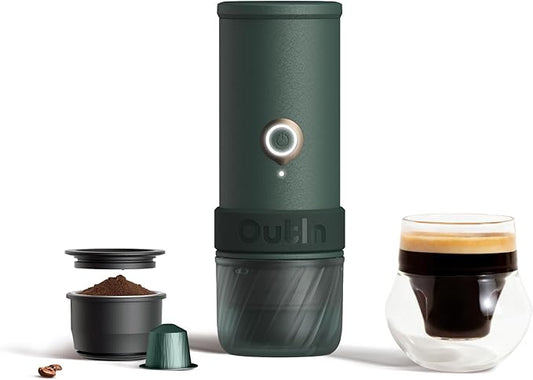 OutIn Mino Portable Electric Espresso Machine for Travel with Self-Heating | Mini Camping Coffee Maker, Pocket-Sized Coffee Machine, Ground Coffee & NS Capsule Adapter for Adventure, Moss Green by OutIn