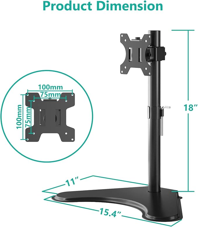 WALI Single Monitor Stand up to 32 Inch Screens, Freestanding Single Monitors Arm Desk Mount, Universal VESA Monitor Mount 75x75/100x100mm, Adjustable Height and Angle (MF001), Black - Image 6