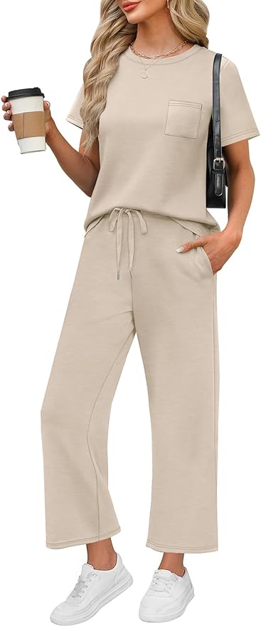 WIHOLL 2 Piece Sets for Women Casual Summer Travel Vacation Outfits Short Sleeve Wide Leg Crop Pants Lounge Sets by WIHOLL