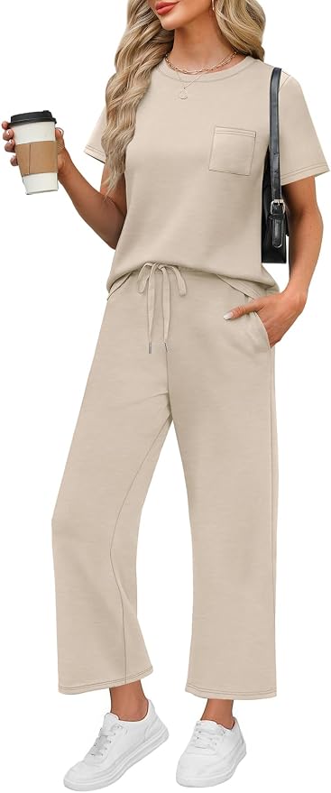 WIHOLL 2 Piece Sets for Women Casual Summer Travel Vacation Outfits Short Sleeve Wide Leg Crop Pants Lounge Sets by WIHOLL