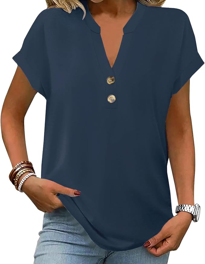 Womens Henley Summer Tops V Neck Button Dressy Casual T Shirts Blouses | Breathable, V-Neck Button, Striped, Loose Fit, Business Casual, Office, Vacation, Spring Summer Tops, Basic Shirts by ETCYYNEW