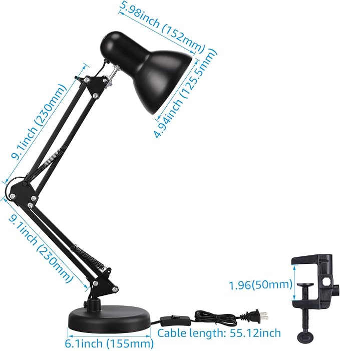 TORCHSTAR Metal Desk Lamp, Adjustable Swing Arm, E26, Black | Architect Gooseneck Multi-Joint Clip Table Lamp with Plastic Clamp, for Home Office, Work, Study, Reading, Bulbs not Included - Image 6