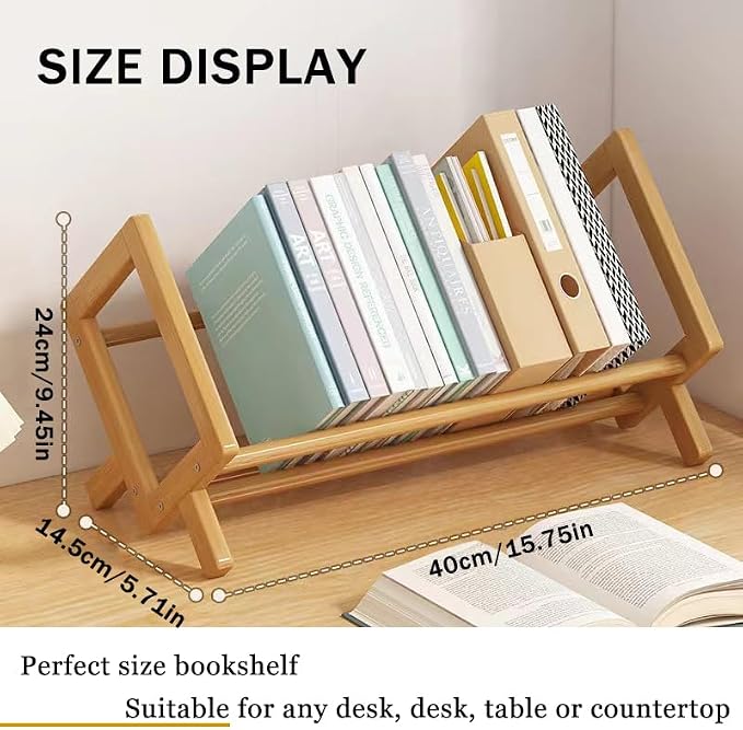 Wood Tilting Bookcase in Living Room/Home/Office, Desktop Book Shelf Organizer Bookshelves Storage Rack for CDs/Magazine/Books Display (Yellow, 16"-L) - Image 3