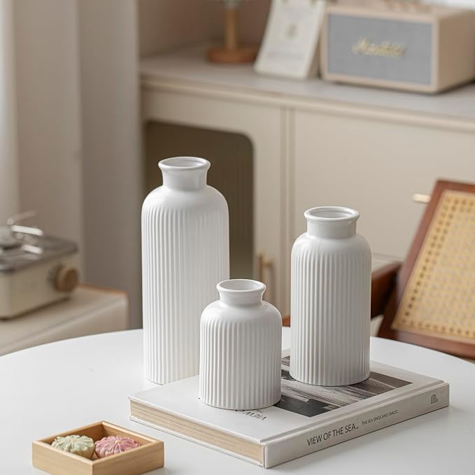 Large Modern Ceramic Vase Set, White Ribbed Matte Design, 10 Inch Tall, 4 Inch Width, 3-Piece Decorative Vases for Home, Living Room, Office (XL Matte Glaze White) - Image 7