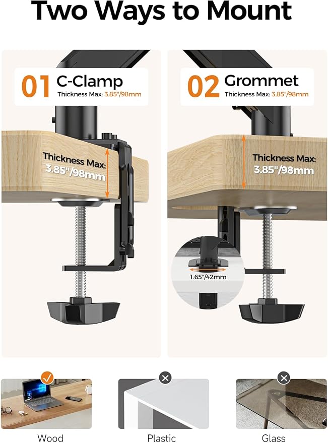 Bracwiser Monitor Mount 17-35 Inch Adjustable Gas Spring Desk Mount Stand Hold up to 24.25lbs with Clamp/Grommet Mounting Base (MD82) - Image 6