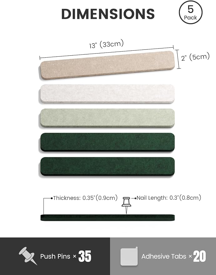 Fluxynara 13" x 2" Felt Wall Panels, Nordic Moss | 5-Pack Cork Board Alternative with 35 Push Pins, Adhesive Mounting for Bedroom Door or Home Office - Image 2