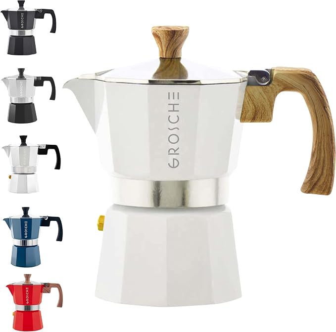 GROSCHE Milano Stovetop Espresso Maker Moka Pot 3 espresso Cup, 5 oz White | Cuban Coffee Maker And Italian Moka Pot For Stovetop Espresso; For Gas, Electric, And Propane Stoves With A Soft-Touch Handle by GROSCHE