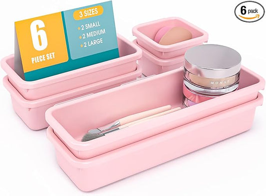 6 PCS Drawer Organizer Set, 3 Size Makeup Drawer Divider Organizer With Non-Slip Pads, Interlocking Plastic Storage Bins for Office,Jewelry Vanity,Gadgets, Bathroom,Kitchen, Pink by StoreHappily