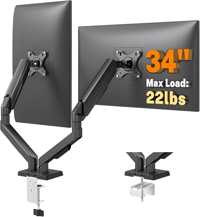 5Rcom Dual Monitor Stand for 17-34 Inch Computer Screens | Gas Spring Full Motion Dual Arms, Each Holds 22lbs, Fits 75/100mm VESA Mount by 5Rcom