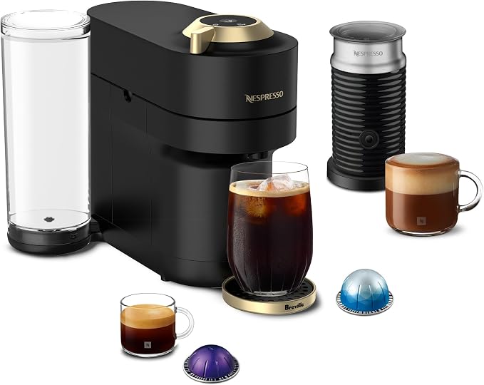Nespresso Vertuo Pop+ Deluxe Coffee and Espresso Maker by Breville with Milk Frother, Matte Black Gold by Unknown