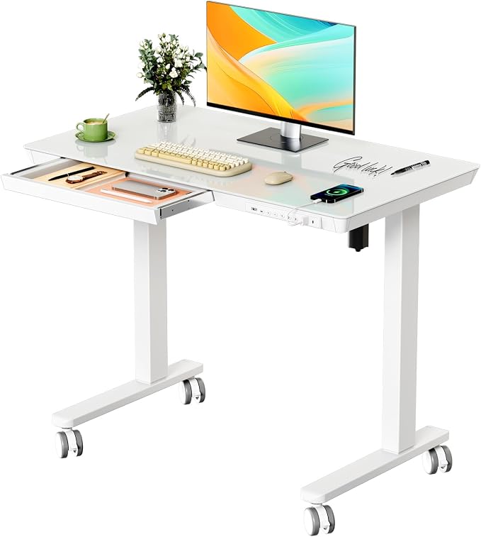 35" Electric Standing Desk with Drawer, One-Piece Glass Top | Quick Install One-Piece Tabletop with USB Charging Ports, Sit Stand Computer Desk with Wheels for Small Space, White by JYLHJOYSEEKER