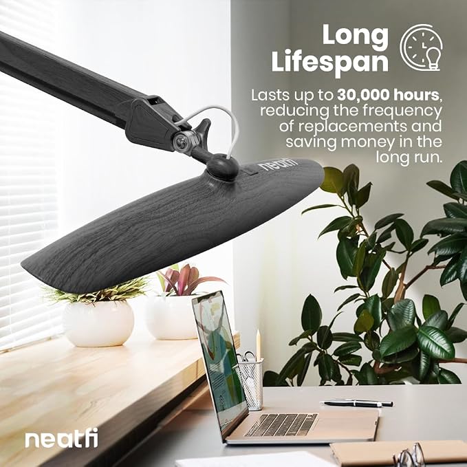 Neatfi XL 2200 Lumens 24W LED Desk Lamp – Shadow-Free Task Lighting | 4-Level Dimming | Home Office & Crafts Use | 20-Inch Wide Head (Gray Wood, Non-CCT with Clamp) - Image 3