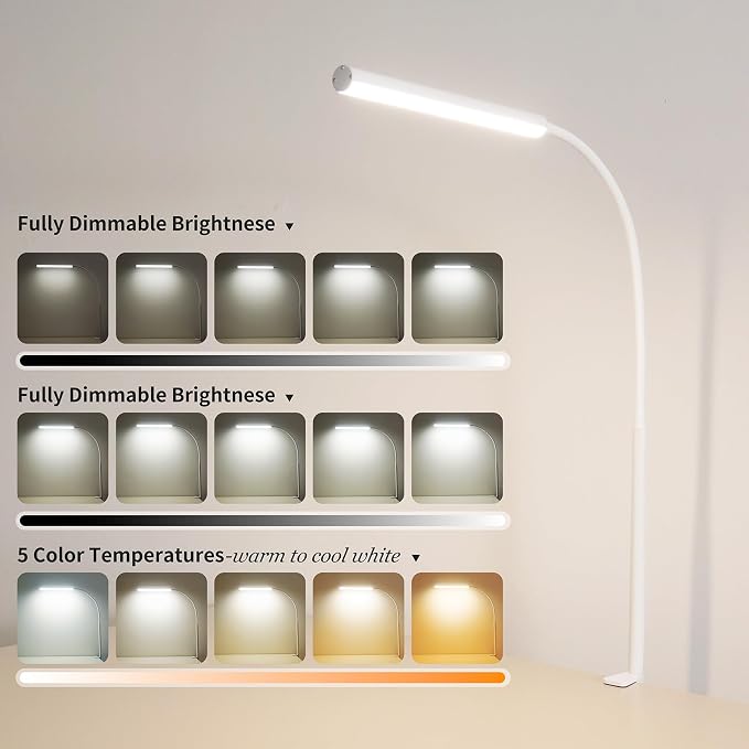 LED Desk Lamp for Office Home, Adjustable Flexible Eye-Caring Desk Light with,5 Modes 10 Brightness Adjustment, USB Adapter Desk Lamp with Clamp-LK-W - Image 2