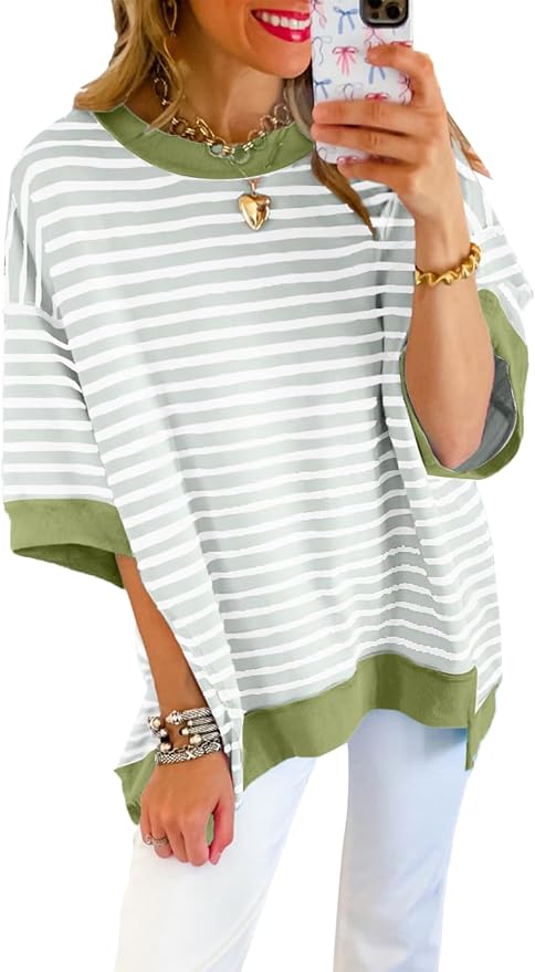 SHEWIN Womens Tops Casual Short Sleeve Sweatshirt Crewneck Striped Shirt Pullover T Shirts Loose Blouses by SHEWINBeYourFashionStylist