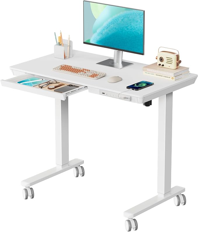 35" Electric Standing Desk with Drawer, 4 Lockable Wheels | Height Adjustable Quick Install One-Piece Tabletop with USB Charging Port, Small Sit to Stand up Desk for Home Office, White by JYLHJOYSEEKER