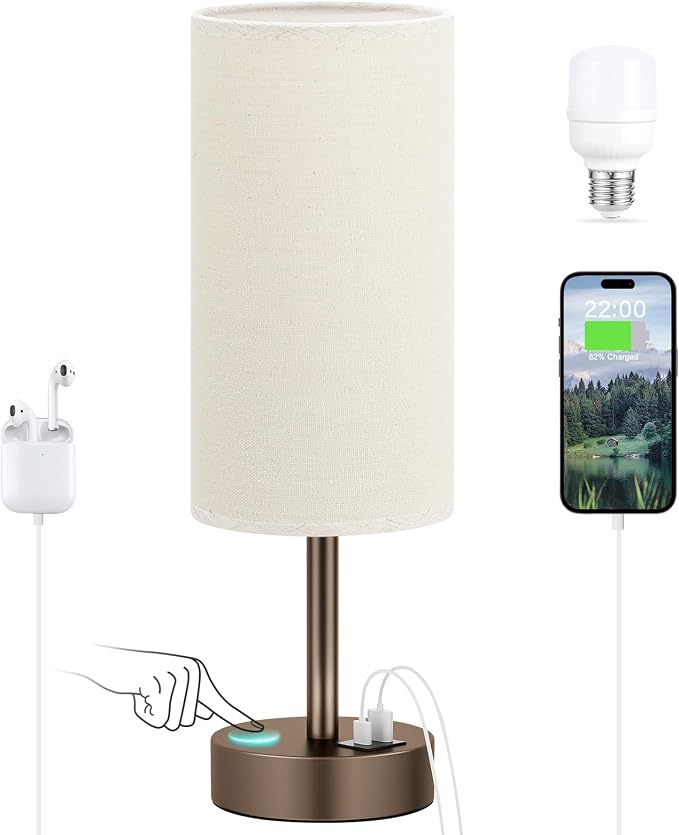 Dicoool Bedside Table Lamp for Bedroom - 3-Way Dimmable Touch Lamp, USB A+C | LED Bulb Included, 14" Small Nightstand Lamp for Desk, Living Room, Guest Room, Beige Fabric Lampshade, Brown Metal Base by DicooolDirect