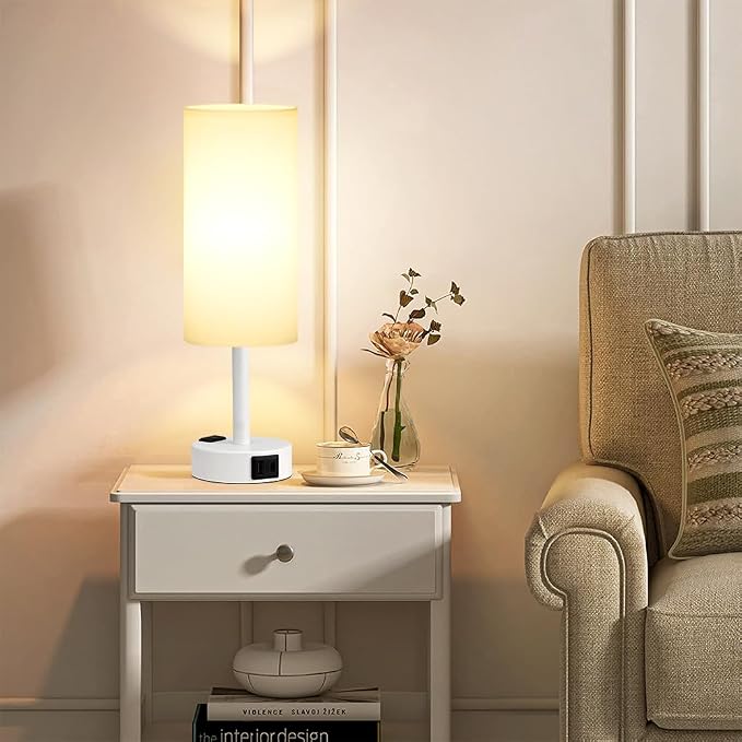 Fenmzee Matte White Bedside Table Lamp for Bedroom - 3 Way Dimmable Touch Lamp USB C Charging Ports and AC Outlet, Small Lamp Round Flaxen Fabric Shade for Living Room, Desk, LED Bulb Included - Image 8